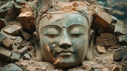 Wall Mural - Serene Buddha Head Buried In Ancient Ruins