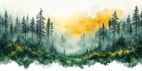 Wall Mural - Misty Forest Sunrise: A Watercolor Painting of Serene Woodland