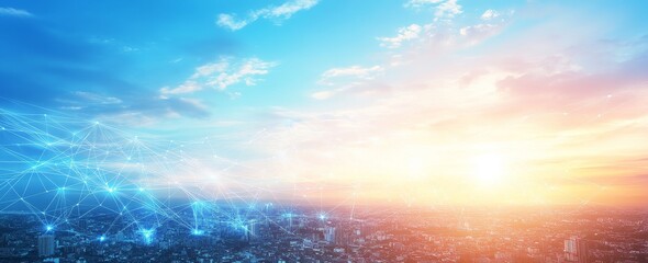 Poster - Global network sunset over city