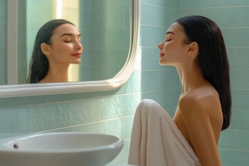 Serene Woman with Towel in Bathroom Mirror After Workout