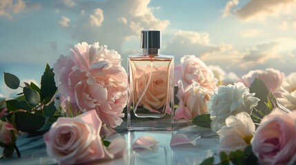 Poster - Elegant perfume bottle surrounded by blooming roses under a serene sky at sunset