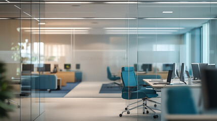 Wall Mural - Blurred image of business people in the lobby of a modern office building office space with multiple workstations and natural light during the day