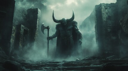 Poster - Bullheaded demon stands a stone labyrinth with fog and eerie light brandishing a spiked greataxe The scene is dark and foreboding