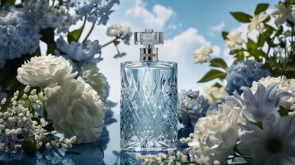 Poster - Elegant perfume bottle surrounded by blue and white flowers under a bright sky