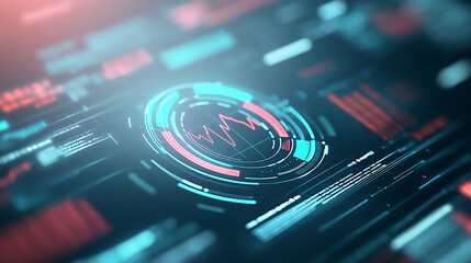 Poster - Futuristic Digital Interface with Glowing Circles Glowing digital particles riding fluid blue waves on a dark background with white highlights symbolizing futuristic technology