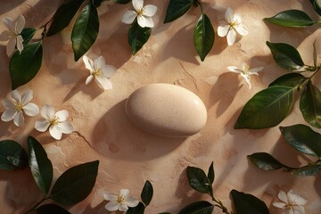 Wall Mural - Smooth stone nestled amongst blossoms and leaves