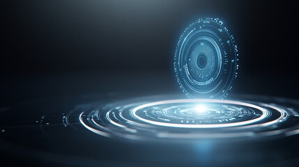 Poster - Futuristic Digital Interface with Glowing Circles Glowing digital particles riding fluid blue waves on a dark background with white highlights symbolizing futuristic technology