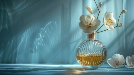 Aufkleber - Elegant glass vase with white flowers and golden liquid, set against a soft blue background