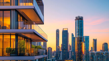 Wall Mural - Luxury apartment high-rise at dusk, close-up on windows, urban living Sustainable building facade design
