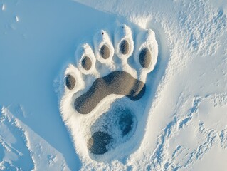 Overhead view of an imprinted polar bear paw print in the snow on a sunny day