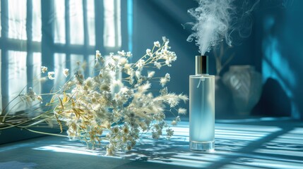 Aufkleber - Elegant glass bottle emitting mist surrounded by dried flowers in a serene, sunlit room