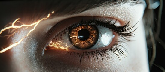 Canvas Print - Close-up of an eye with detailed iris pattern in brown hues, featuring electric lightning effect on the left side, enhancing a dramatic and intense look.