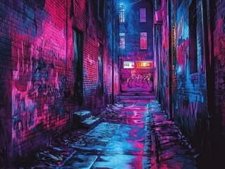 Wall Mural - Neon-lit city alleyway, graffiti art, night scene, urban background, game design