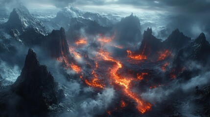 Fototapete - Chaotic Abyss seen above featuring lava rivers jagged mountains and eerie structures with a dramatic ominous lighting
