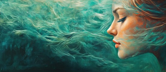 Canvas Print - Profile of a serene young woman with flowing hair immersed in swirling green and teal textures, highlighting tranquility and dreaminess.