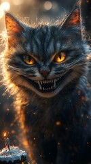 Poster - Closeup digital art of Cheshire cat with a wide grin sharp teeth and a birthday cake in a lowlight setting highly detailed