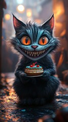 Fototapete - Closeup digital art of Cheshire cat with a wide grin sharp teeth and a birthday cake in a lowlight setting highly detailed