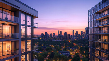 Wall Mural - Modern Apartments at Sunset Sunset cityscape view between skyscrapers 
