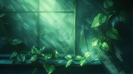 Poster - Lush green vines cascading near a sunlit window, casting serene shadows in a tranquil room
