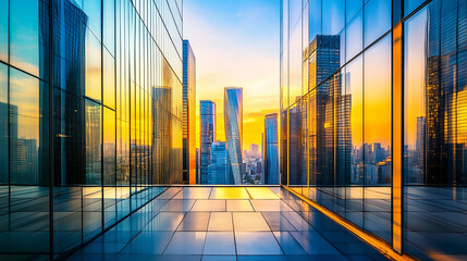 Wall Mural - Abstract business background of a glass skyscraper Breathtaking City Skyline at Sunset with Reflective