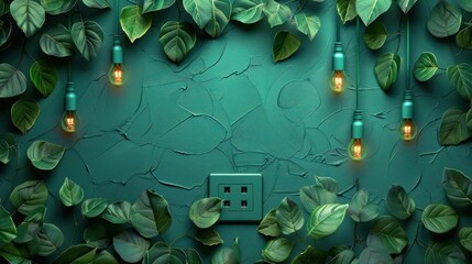 Aufkleber - Lush green leaves intertwined with glowing bulbs on a textured wall, creating a vibrant atmosphere