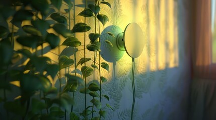 Aufkleber - A serene indoor scene featuring a softly lit wall with a modern lamp and lush green plants