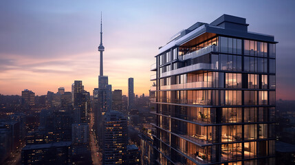 Wall Mural - Abstract business background of a glass skyscraper Breathtaking City Skyline at Sunset with Reflective