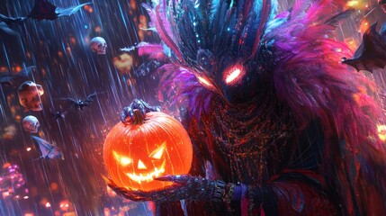 Fototapete - Cybernetic figure adorned feathers and intricate patterns holding a glowing pumpkin surrounded by neon rain streaks and reflective surfaces with floating skulls and bats