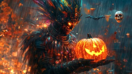 Fototapete - Cybernetic figure adorned feathers and intricate patterns holding a glowing pumpkin surrounded by neon rain streaks and reflective surfaces with floating skulls and bats