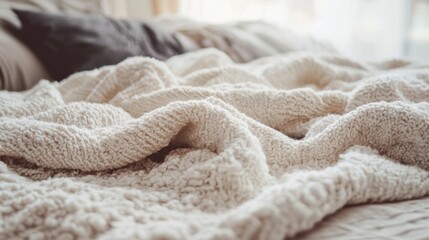 Poster - Soft, textured knitted blanket envelops a peaceful bed, creating a warm atmosphere in a bright and inviting room filled with natural sunlight