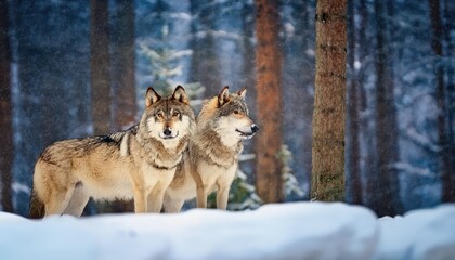  Majestic Wolves Frolicking in a Winter Wonderland Forest on a Snowy Day, Capturing the Breathtaking Beauty of Natures Winter Magic.
