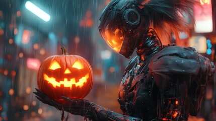Fototapete - Cybernetic figure a sleek metallic body and feather accents clutching a glowing carved pumpkin set in a neonlit environment with rainlike light streaks and spooky decorations