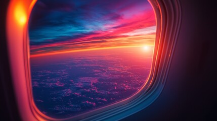 Aufkleber - A stunning sunset unfolds outside an airplane window, casting vibrant hues of orange, pink, and purple across the sky. Soft clouds drift peacefully as day transitions to night