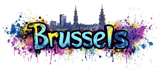 Vibrant artwork showcasing the skyline and culture of Brussels during a lively summer festival