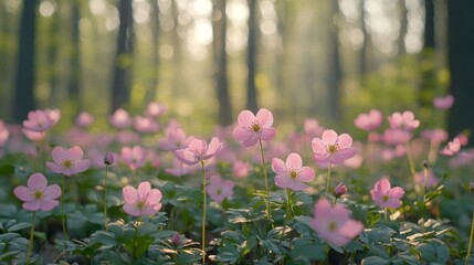 Poster - Delicate pink flowers flourish in a lush, green forest, bathed in warm sunlight. The gentle light filters through the trees, enhancing the tranquil ambiance of this natural setting