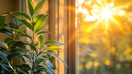 Poster - Bright rays of sunlight pour in through a window, illuminating the lush green leaves of a plant. The warm glow creates a serene and inviting ambiance perfect for relaxation