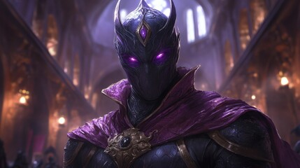 Poster - Darkskinned demon prince exudes charm menace in a luxurious palace The setting is filled with shadows and glowing eyes emphasizing his powerful presence