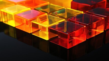 Poster - Colorful transparent cubes in red and yellow arrangement on reflective surface