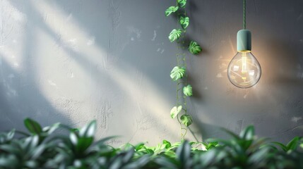 Aufkleber - A serene indoor scene featuring a glowing light bulb surrounded by vibrant green plants