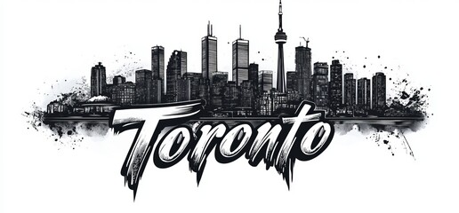 Wall Mural - Toronto skyline with iconic landmarks highlighted in a graphic art style during a sunny day