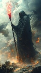 Poster - Decayed demon lord wielding necrotic wand stands in a desolate landscape of skeletal remains and swirling dark mist The atmosphere is heavy with dark unsettling energy