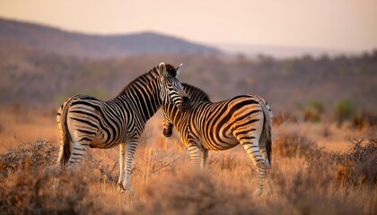 Wall Mural - Two Majestic Plains Zebras Equus burchelli in South Africas Vast Savannah at Sunset A Spectacular Moment Frozen in Time