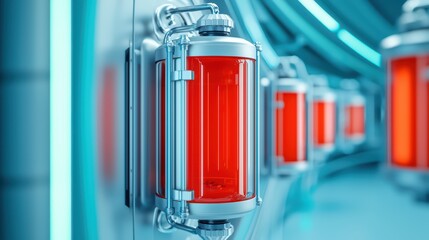 Poster - Futuristic Red Liquid Storage Canisters in Sci-Fi Environment