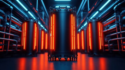 Poster - Futuristic Industrial Storage Tank in Neon-Lit Data Center Environment