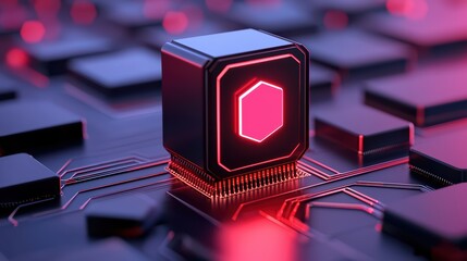 Poster - Futuristic Microchip with Neon Lights on Dark Circuit Board Surface