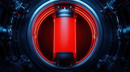 Poster - Futuristic Red Cylinder in High-Tech Round Framework Display