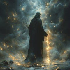 Poster - Decayed demon lord a glowing necrotic wand stands in a desolate landscape of skeletal remains and swirling dark mist The atmosphere is intensely dark and unsettling