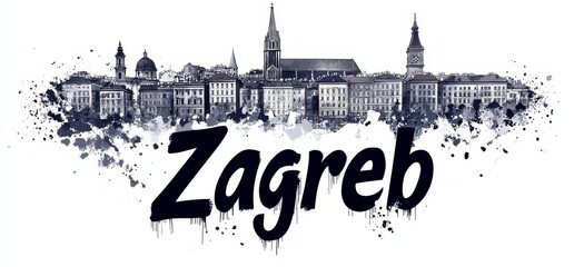 Wall Mural - Artwork depicting Zagreb skyline with distinct architectural features and urban design elements in a creative style