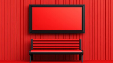Poster - Vibrant Red Interior with Modern Bench and Blank Picture Frame