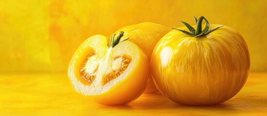 Wall Mural - Vibrant yellow tomatoes displayed on a bright yellow background, highlighting their unique texture and vivid color in a captivating arrangement.